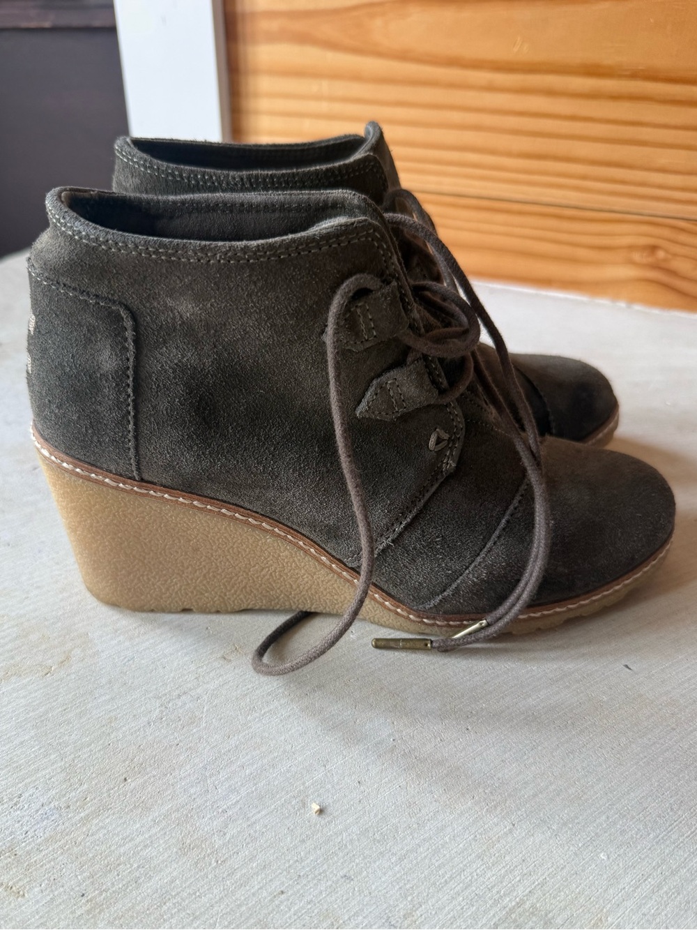 Toms Olive Suede Wedge Lace-Up Ankle Boots
